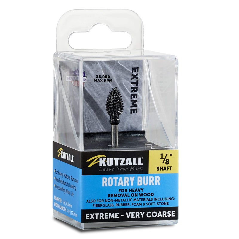 Kutzall Extreme Flame Rotary Burr, 1â„8" Shaft, Very Coarse- Wood Carving Bit for Dremel, Foredom, DeWalt, Milwaukee. Abrasive Tungsten Carbide, 1â„4" (6.3mm) Dia. X 1â„2" (12.7mm) Length FLX-14-EC - Image 1